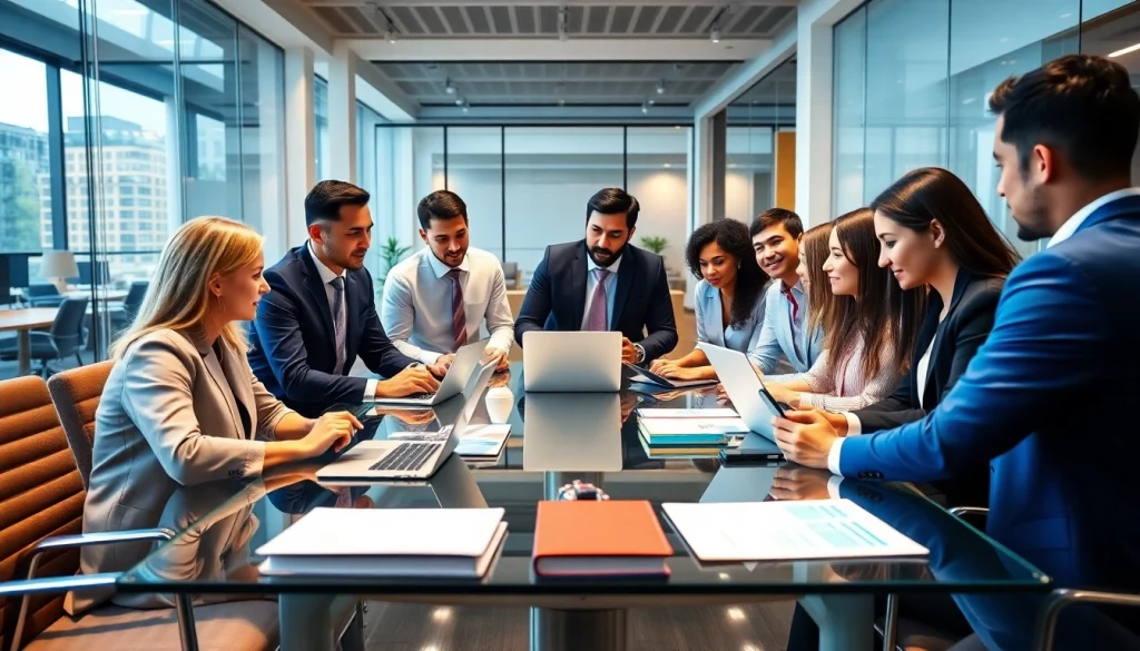 Engaging team of professionals in legal marketing strategizing around a table.