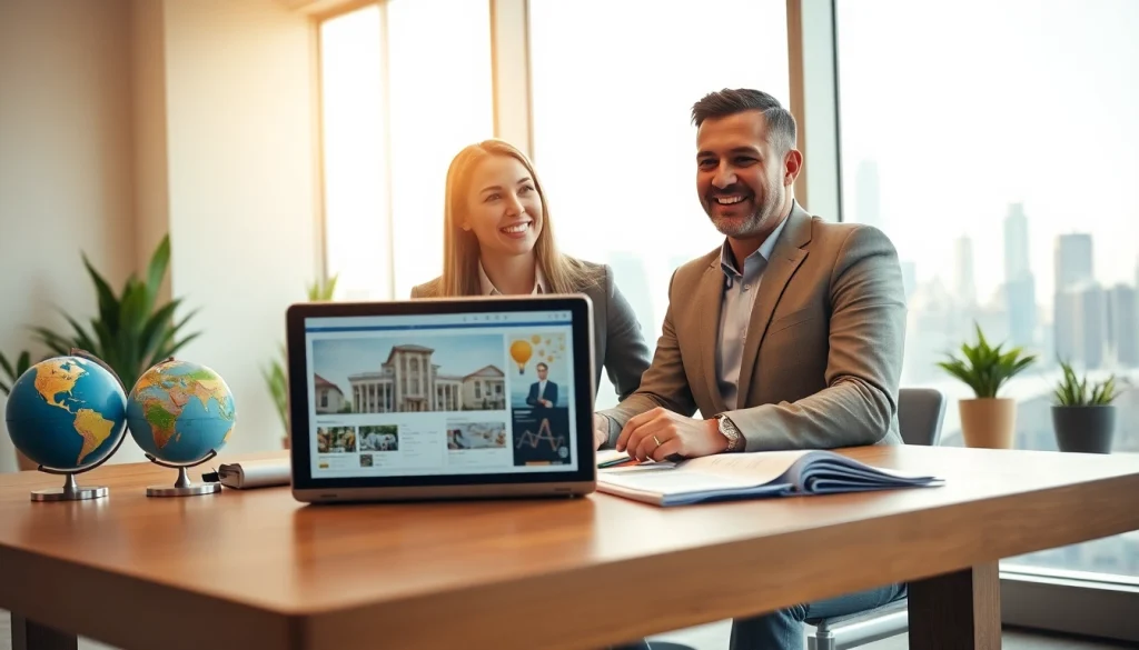 Engaged couple strategizing about international real estate investing in a modern office.