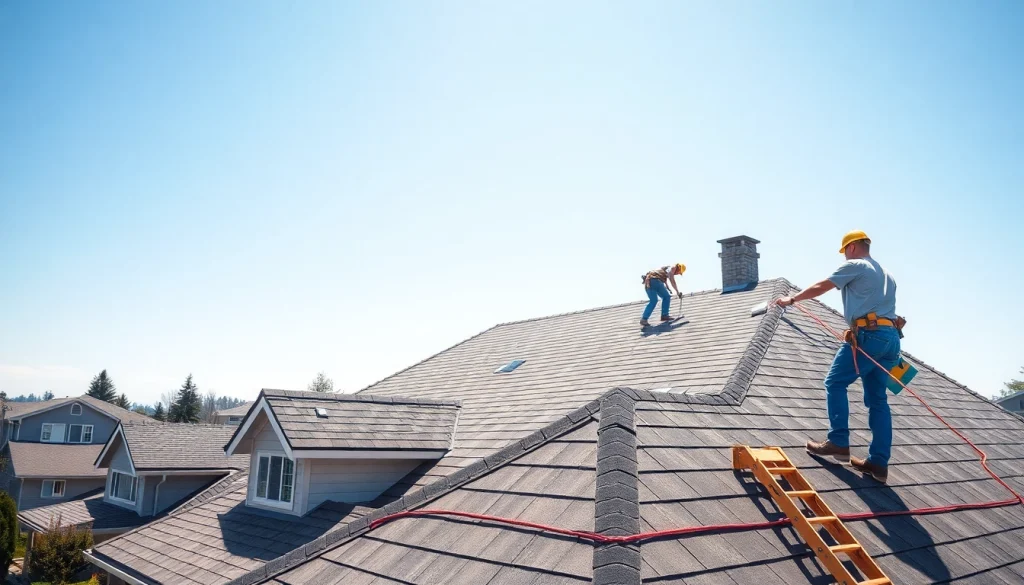 Showcase of Roofing Replacement Tigard Oregon with professional workers on a residential roof.