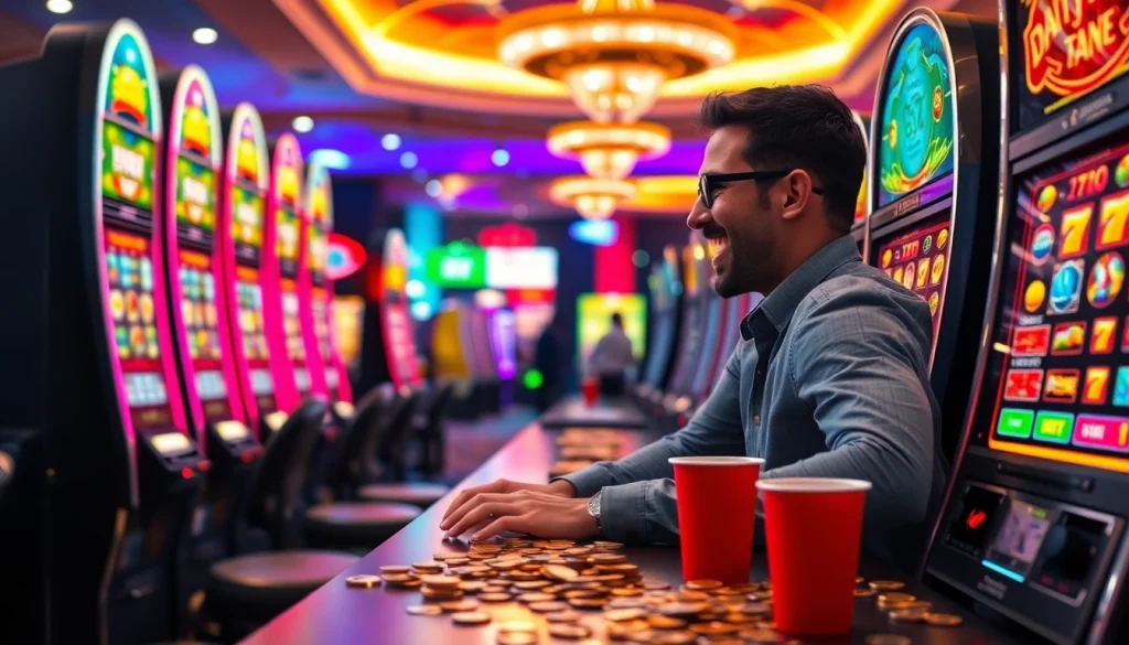 Permainan qqmacan slot menampilkan pemain yang bersemangat di kasino yang berwarna-warni