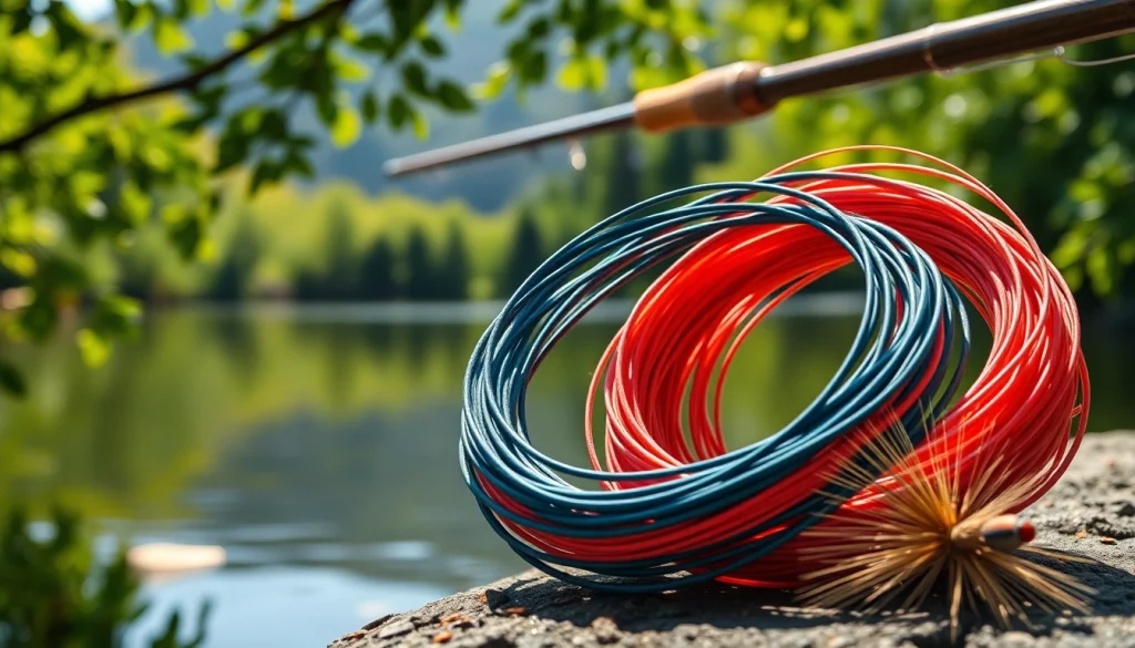 Showcasing a fly fishing line coiled elegantly against a serene outdoor lake setting.