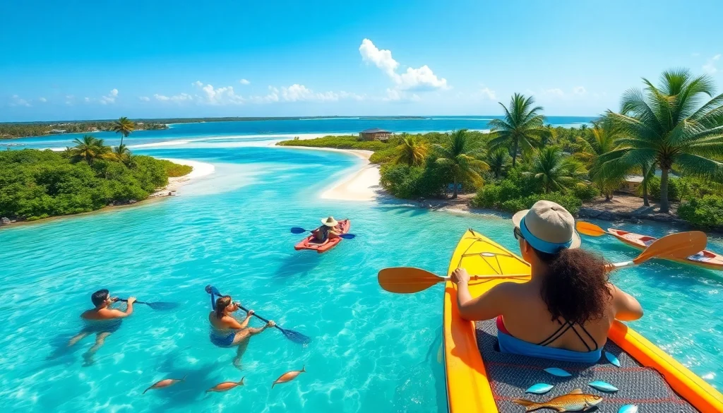 Experience Harvest Caye Tours Belize with tourists snorkeling in a vibrant tropical paradise.