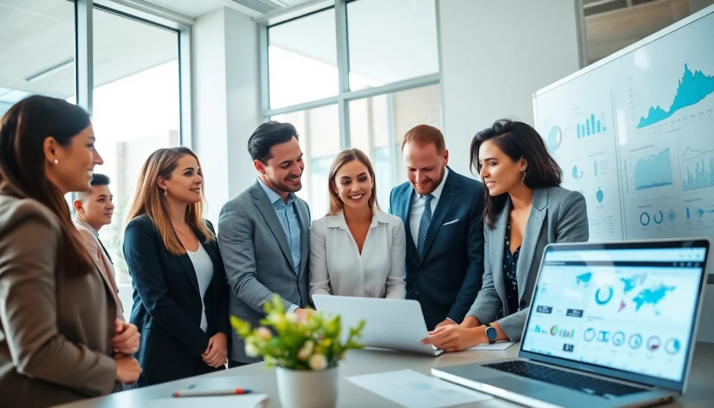 Engaging legal marketing team developing strategies and analytics in a vibrant office