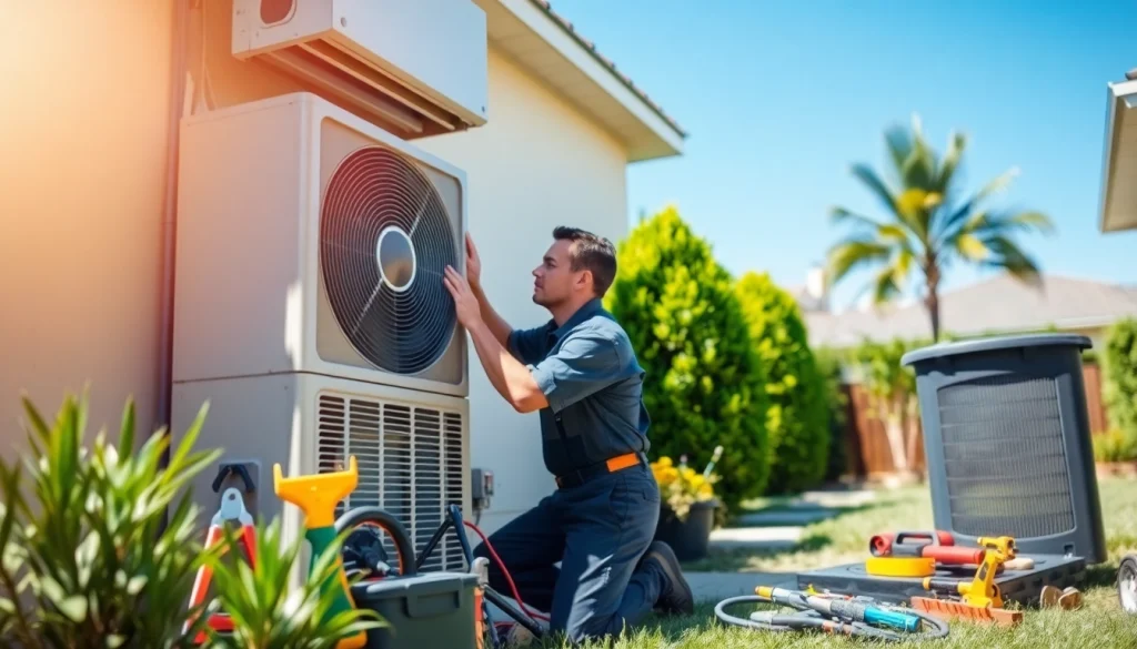 AC repair mesa az service by a skilled technician in a residential garden setting.