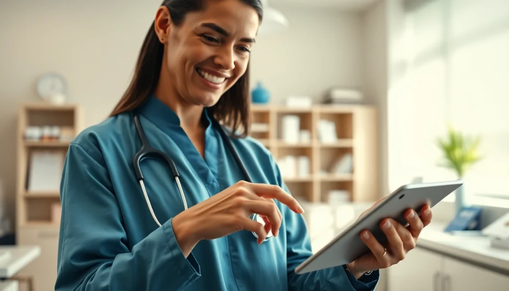 Choosing an eprescription app with a healthcare professional in a modern clinic