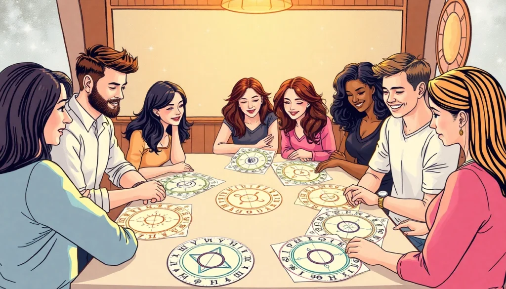 People analyzing their Geburtshoroskop charts, surrounded by celestial themes and zodiac symbols.