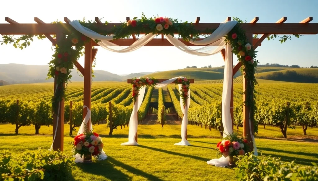 Experience breathtaking Clarksburg Wedding Venues set in a scenic vineyard landscape with elegant floral decor.