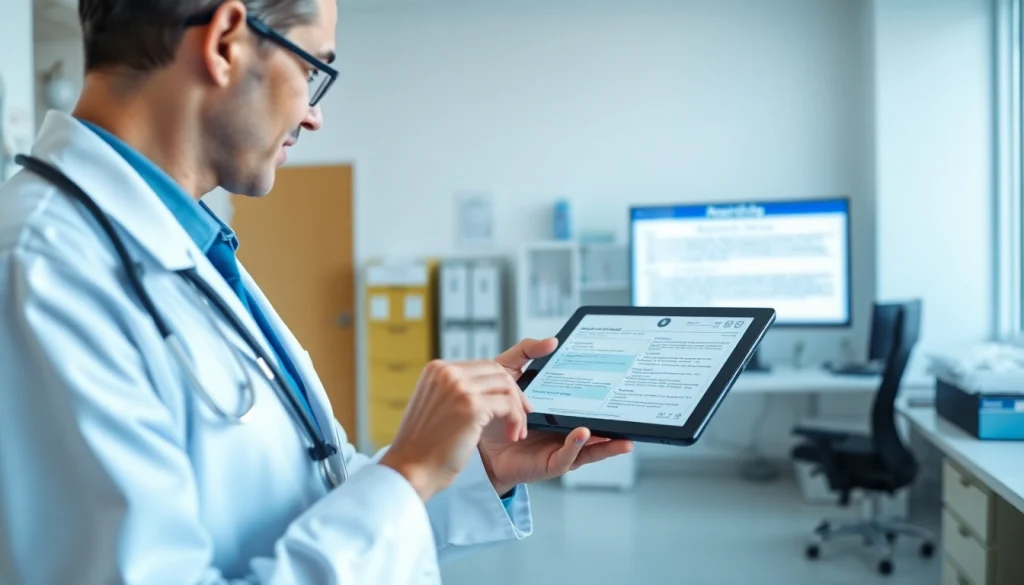 Illustration of eprescribing compliance in a modern clinic setting with a doctor and digital devices.