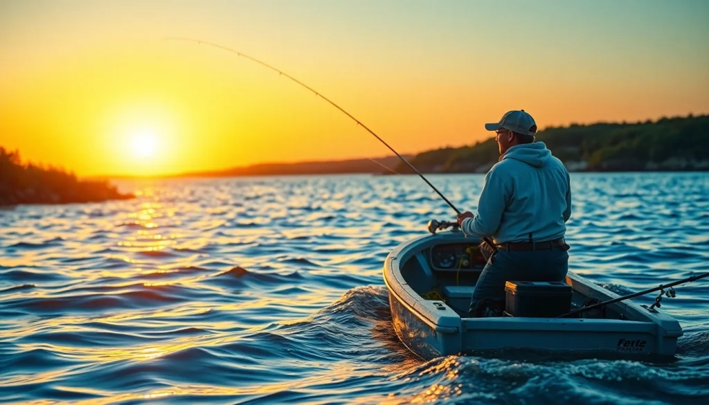 Engaging saltwater fly fishing scene with an angler casting from a boat at sunrise.