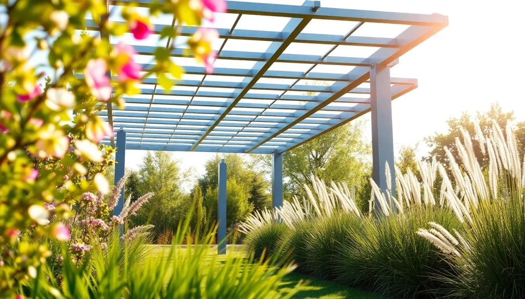 Modern steel pergola elegantly showcased in a vibrant garden setting, inviting outdoor relaxation.