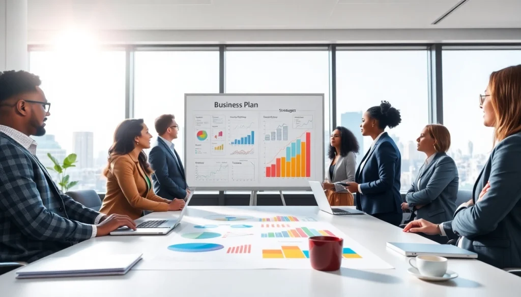 Collaborative team strategizing a Business Plan in a modern office
