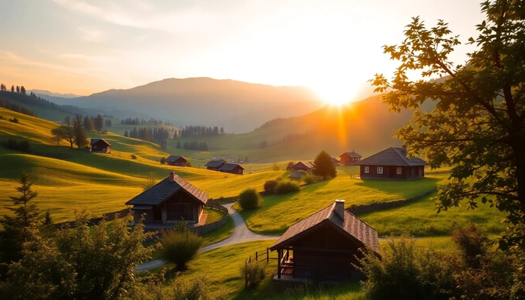 Prikaz prirode Srbije s tradicionalnim kućama i predivnim pejzažima ujutro.