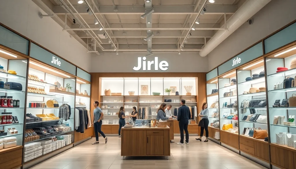 Showcase the Jirle store with modern products and a vibrant shopping atmosphere.