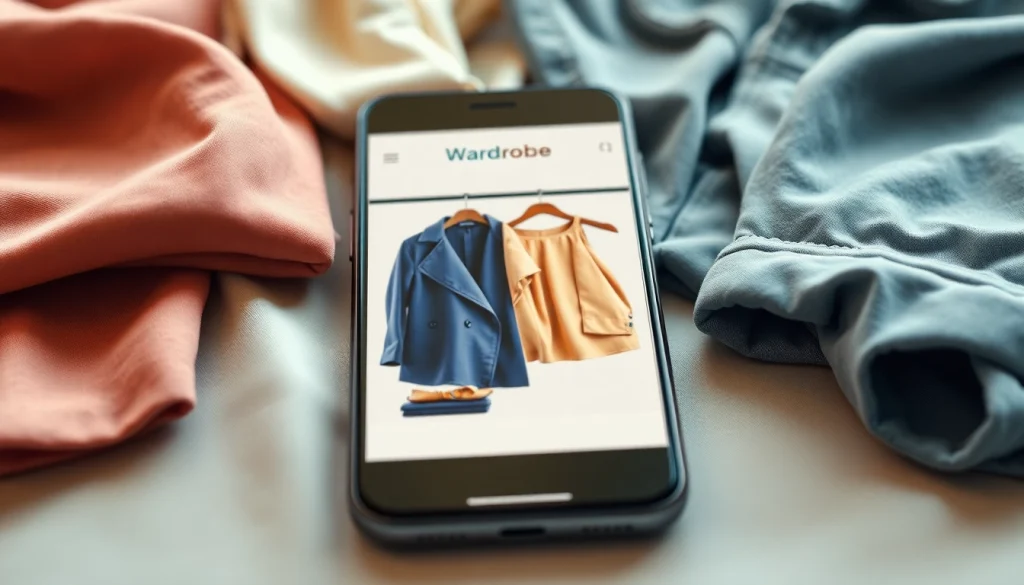 Showcase the wardrobe app interface elegantly arranged with fashionable outfits.