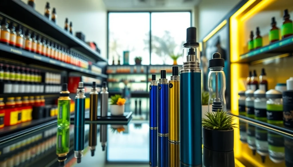 VAPEの多様なデバイスやリキッドが並ぶ専門店の美しい光景。